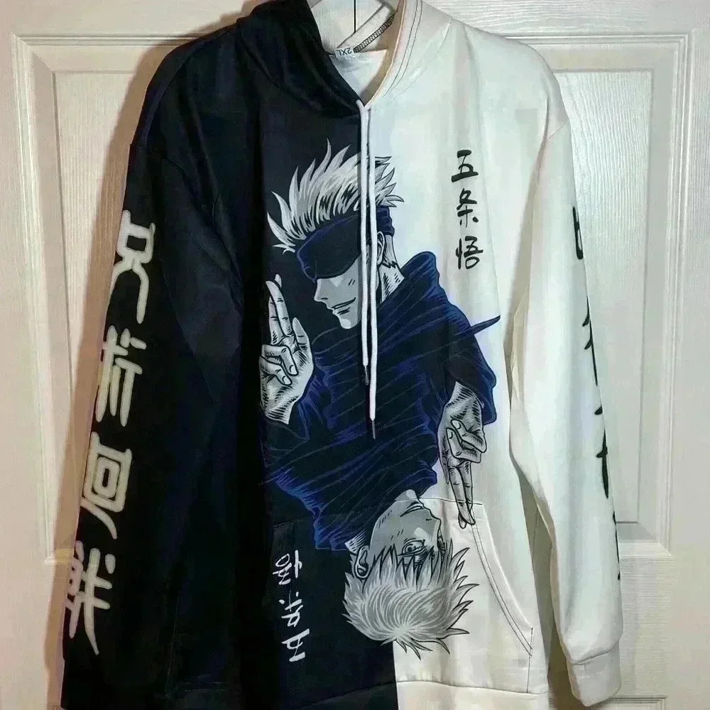 Unbranded Mens Anime Hooded Sweatshirt 2XL Black‎ White Graphic Novelty Pullover